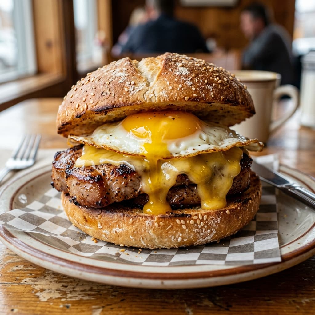 A massive, delicious breakfast sandwich featuring grilled smoked pork, fried egg, and melted cheese