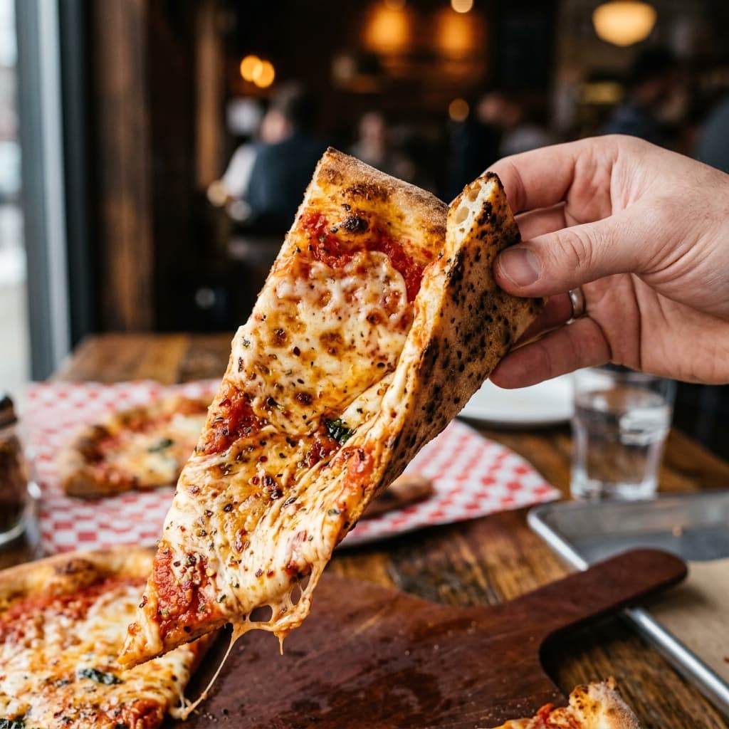 A close up of a perfect, large thin-crust slice of pizza being folded in half