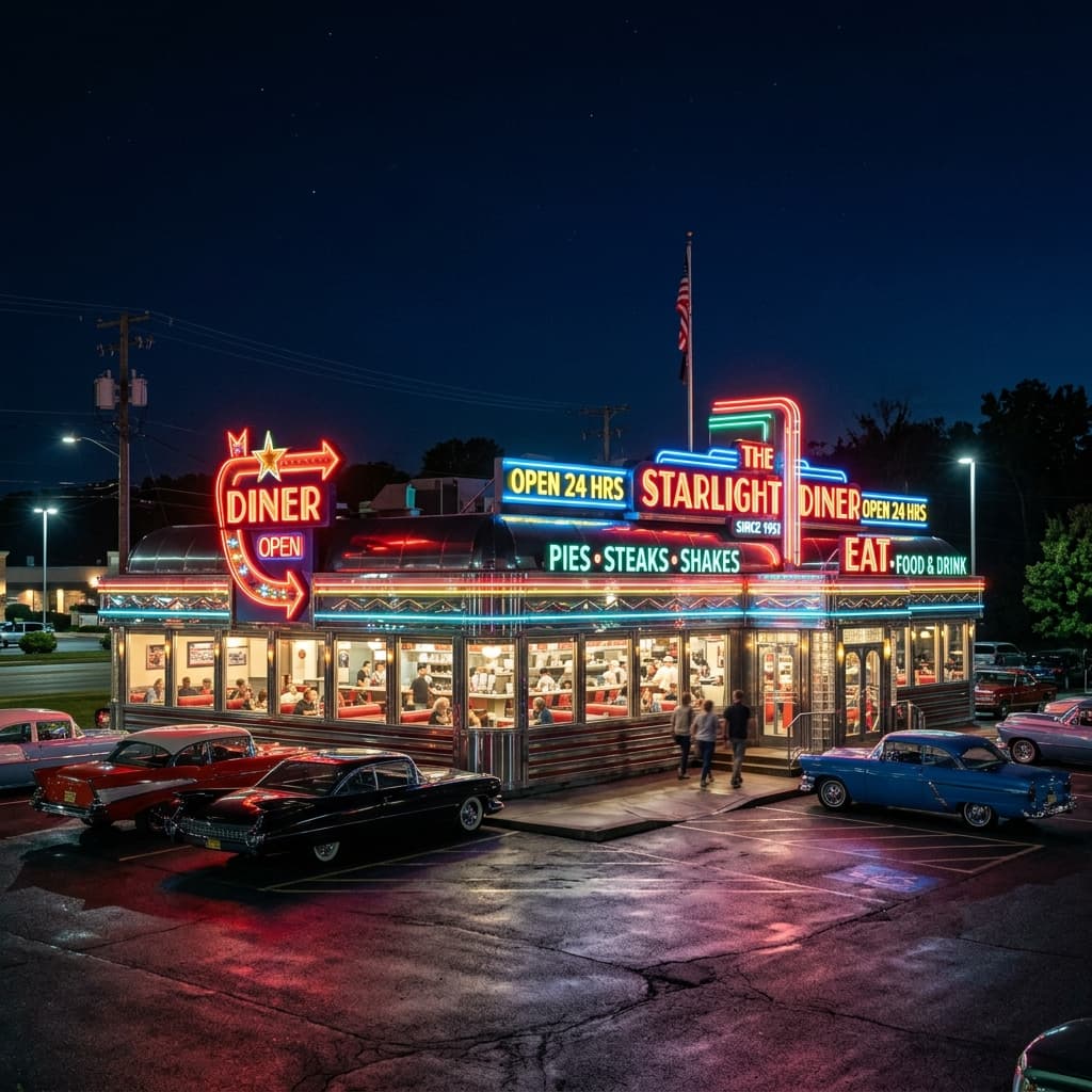 A classic retro chrome American diner glowing with neon lights at night