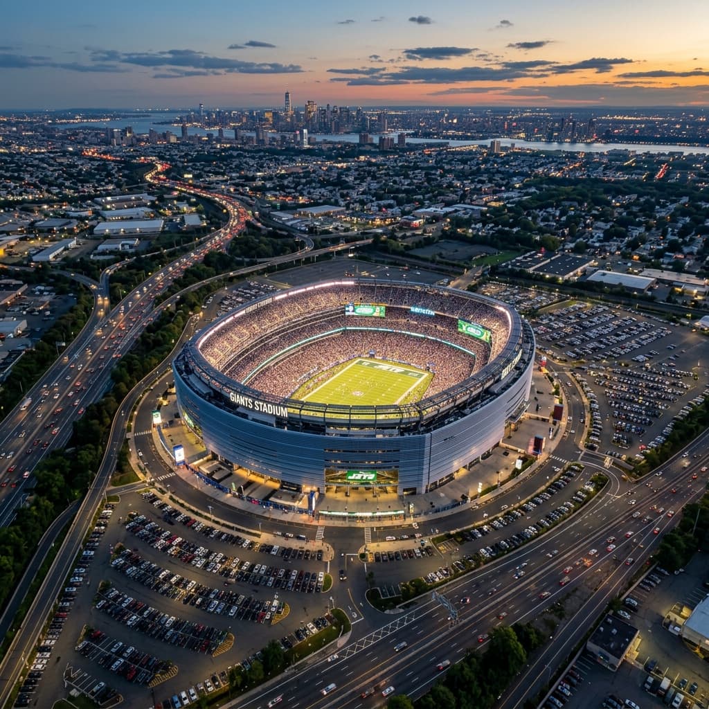 A massive, modern open-air sports stadium glowing at twilight