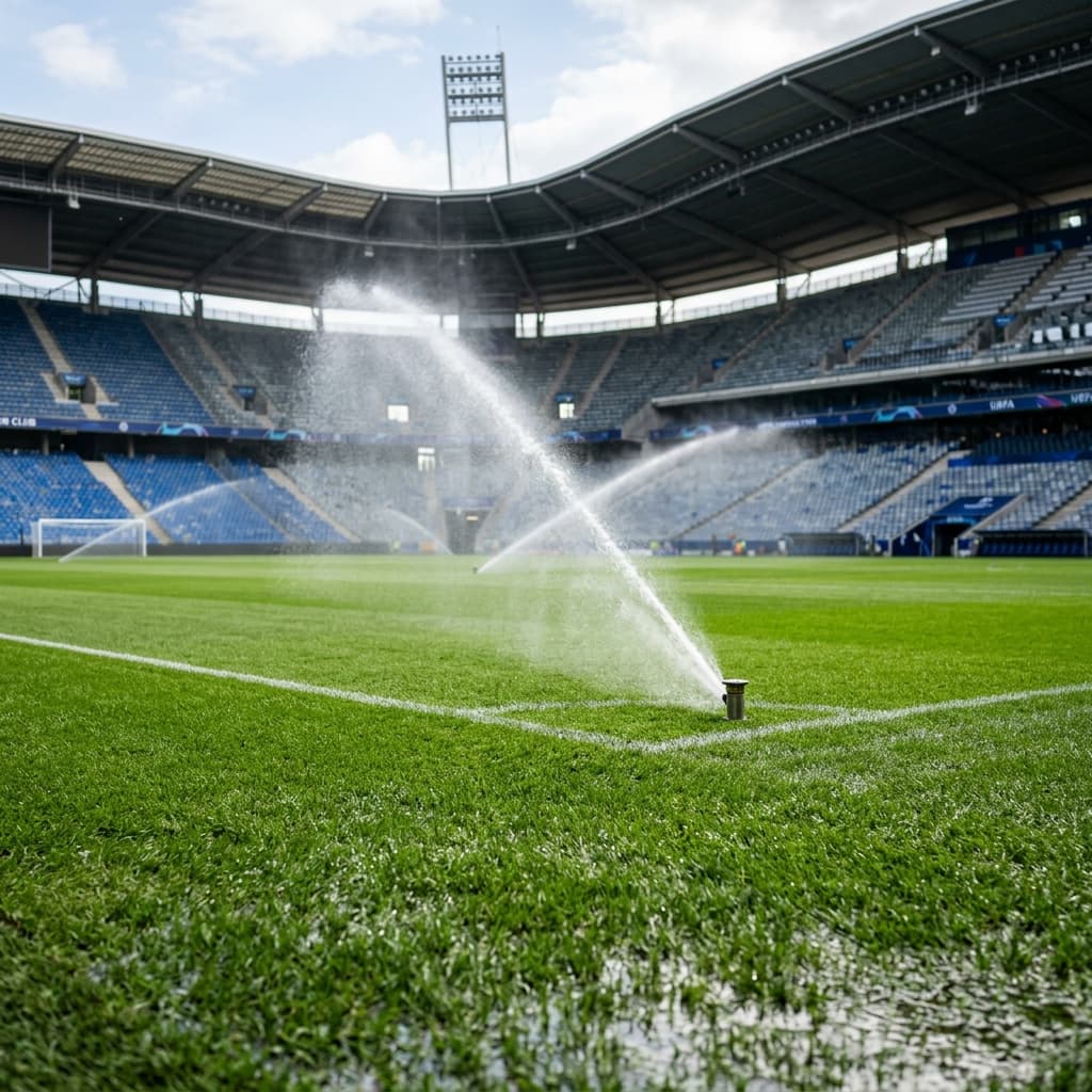 A perfectly manicured, lush green natural grass soccer pitch being watered