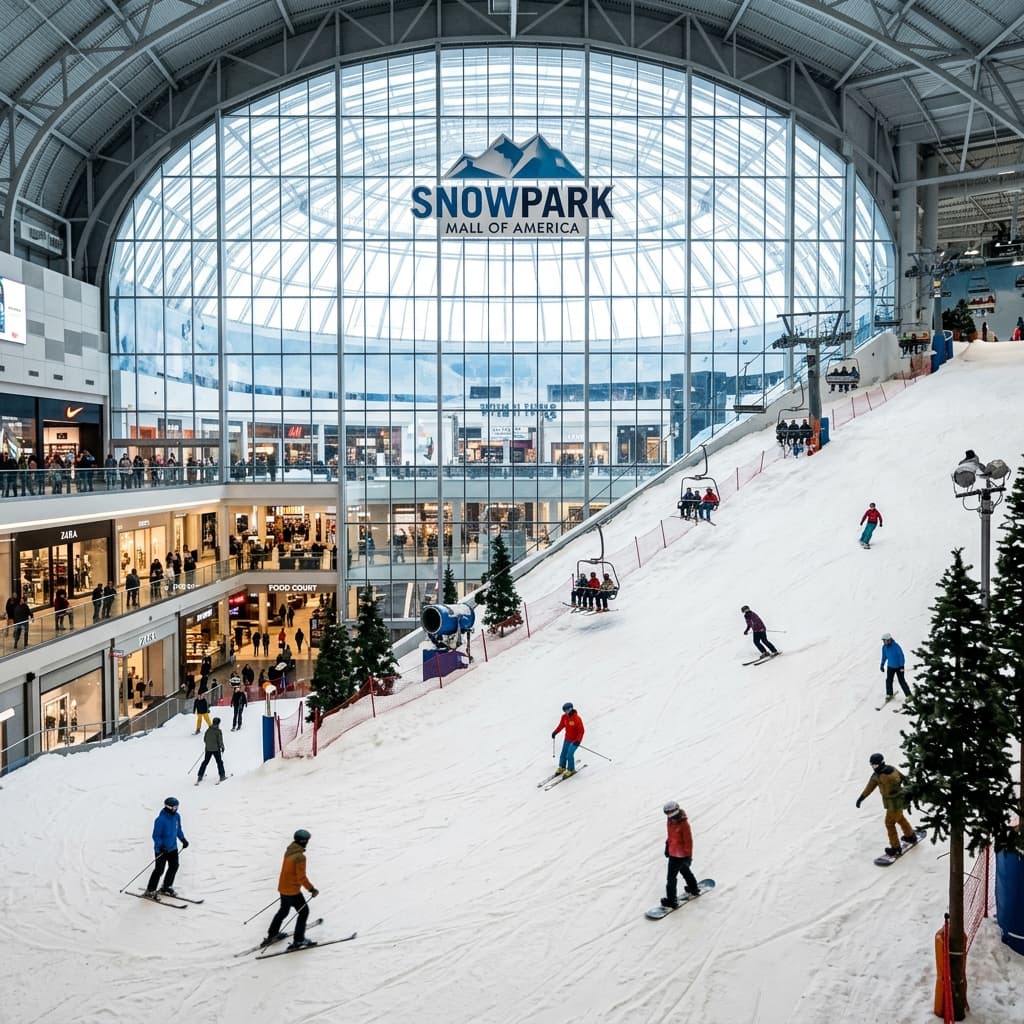 A large indoor real-snow ski slope enclosed inside a massive modern shopping mall