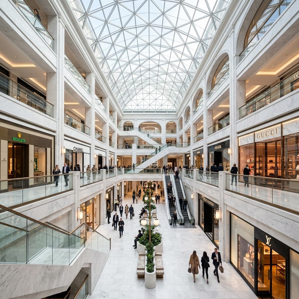 A massive, pristine luxury retail mall interior with high glass ceilings