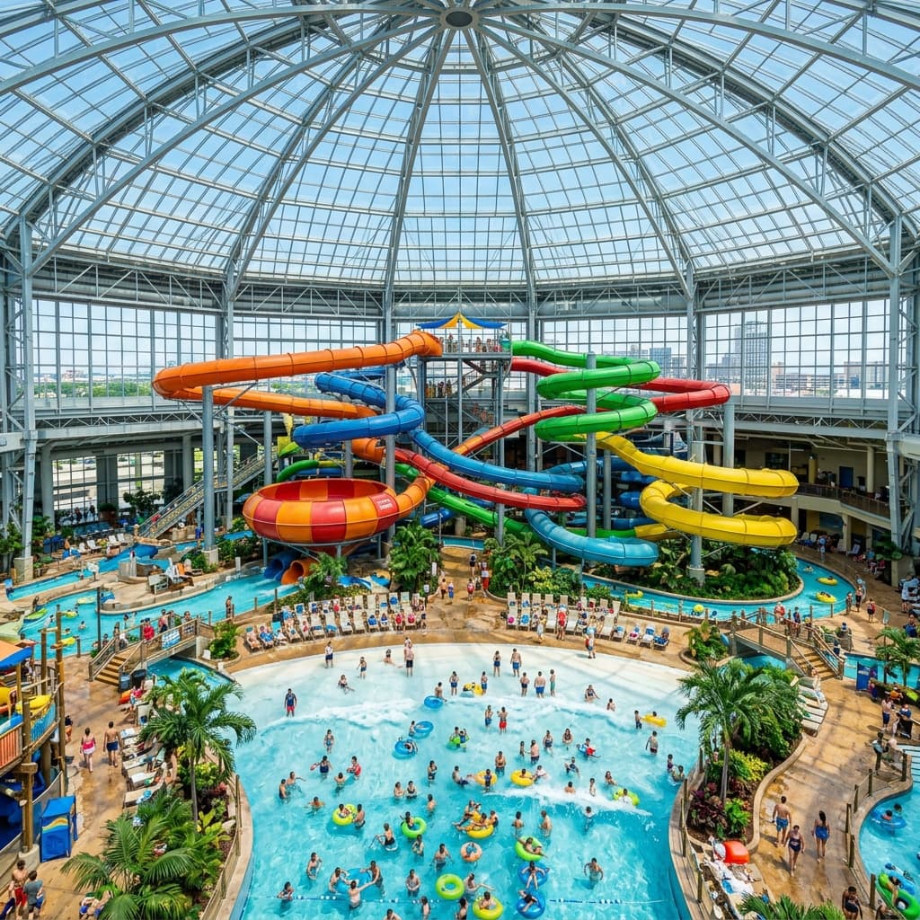 A massive indoor water park enclosed in a giant glass atrium