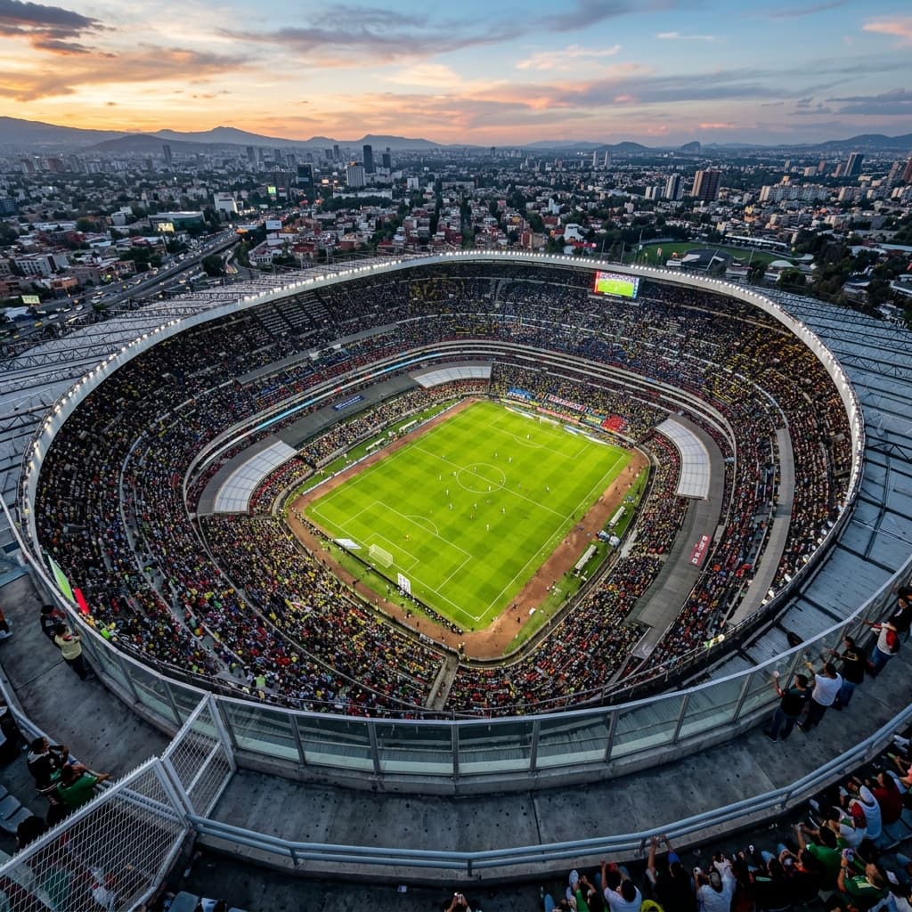 A panoramic, sweeping view of a massive stadium soccer pitch from the upper deck