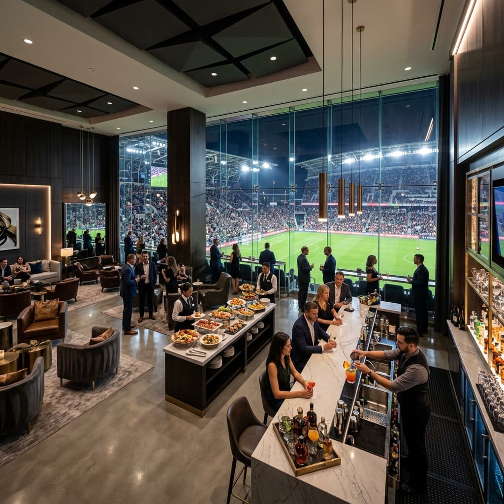 Inside a luxurious, premium VIP club lounge in a massive sports stadium