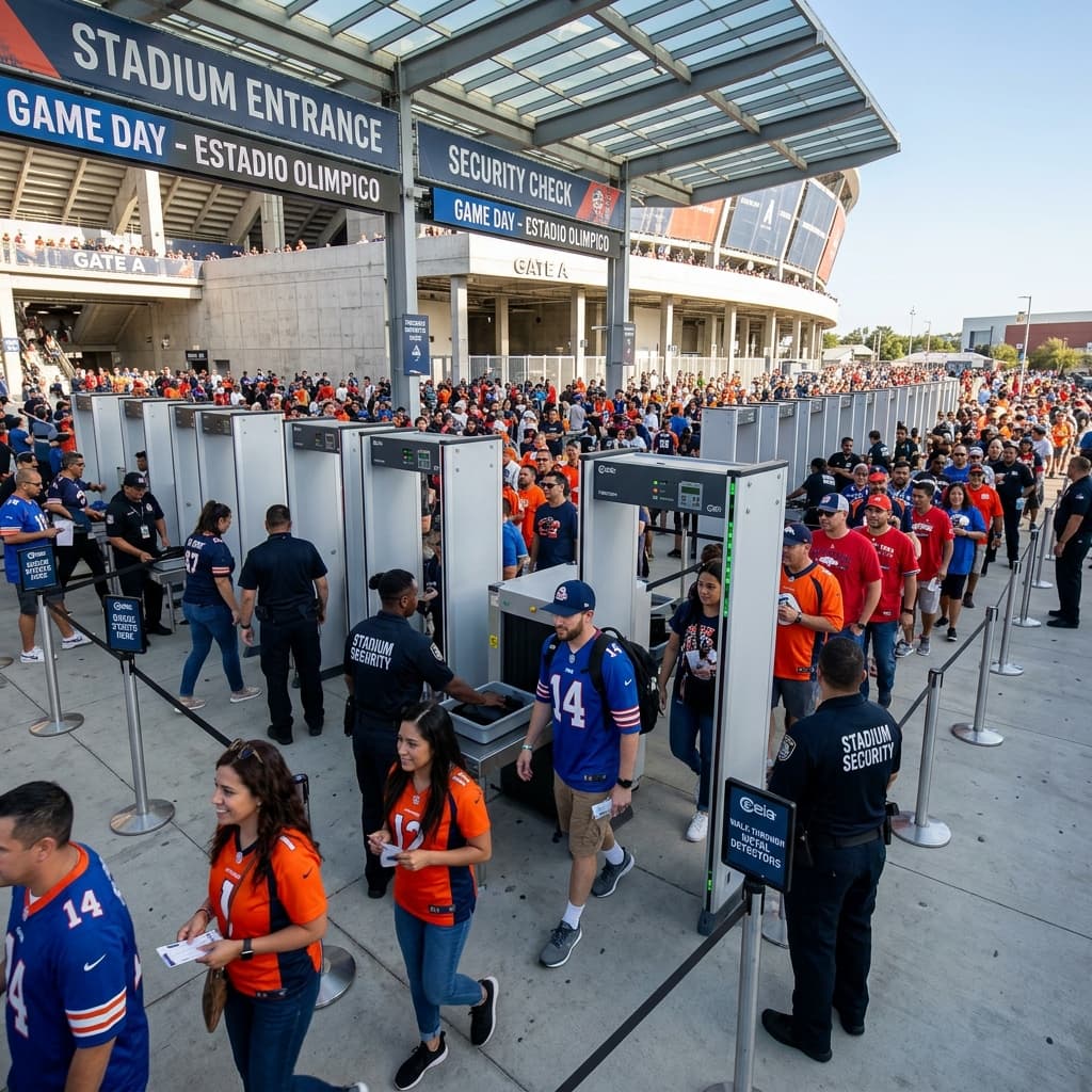 Fans walking through rows of high-tech walk-through metal detectors at a stadium