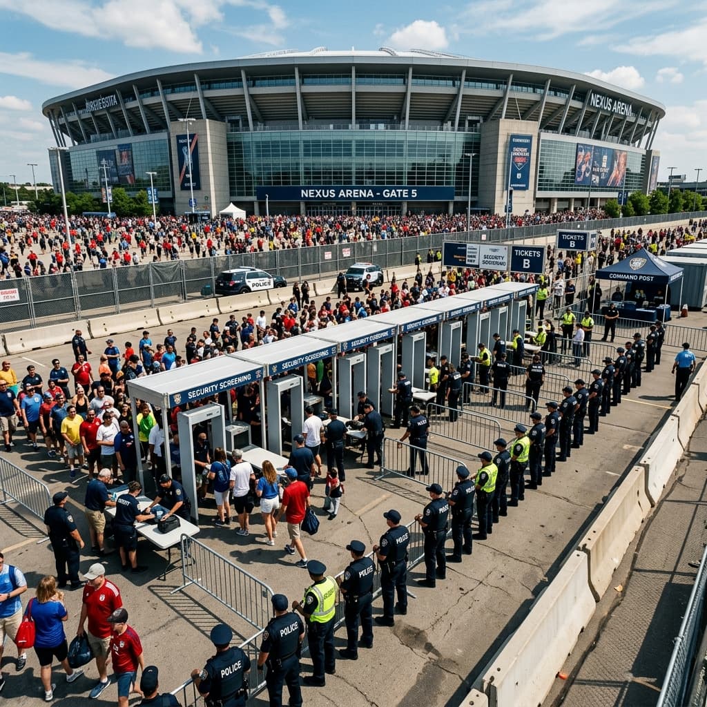 A massive, heavily fortified security perimeter outside a sports stadium showing concrete barriers and police