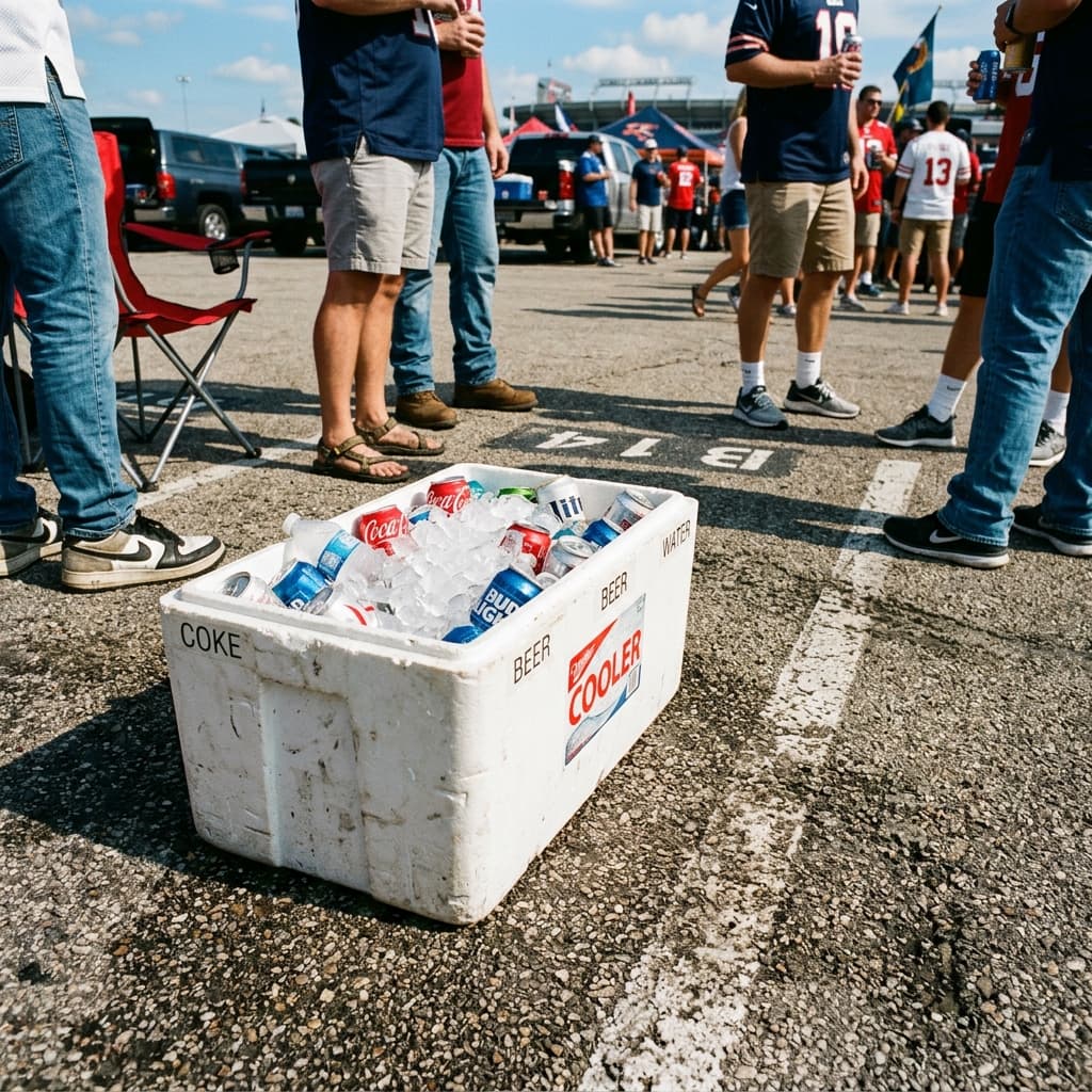 A classic, cheap white styrofoam cooler packed with ice and cold drinks sitting on rough asphalt in a parking lot next to fans
