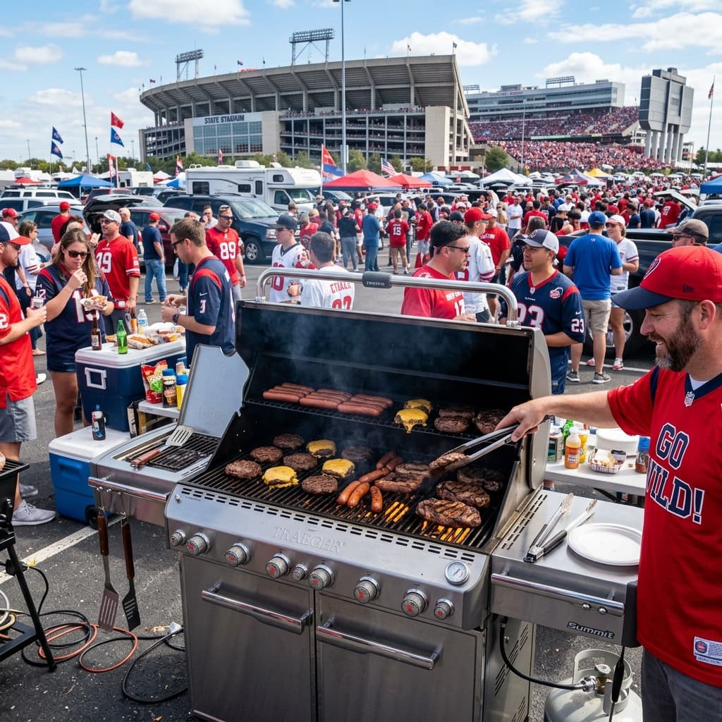 A large outdoor propane barbecue grill cooking hotdogs and burgers in a massive stadium parking lot
