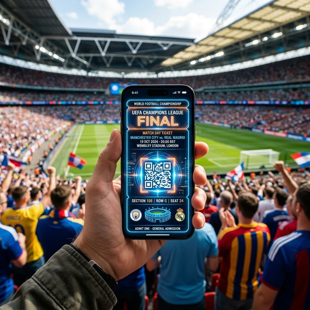 Close up of a smartphone displaying a glowing digital soccer ticket with a dynamic QR code