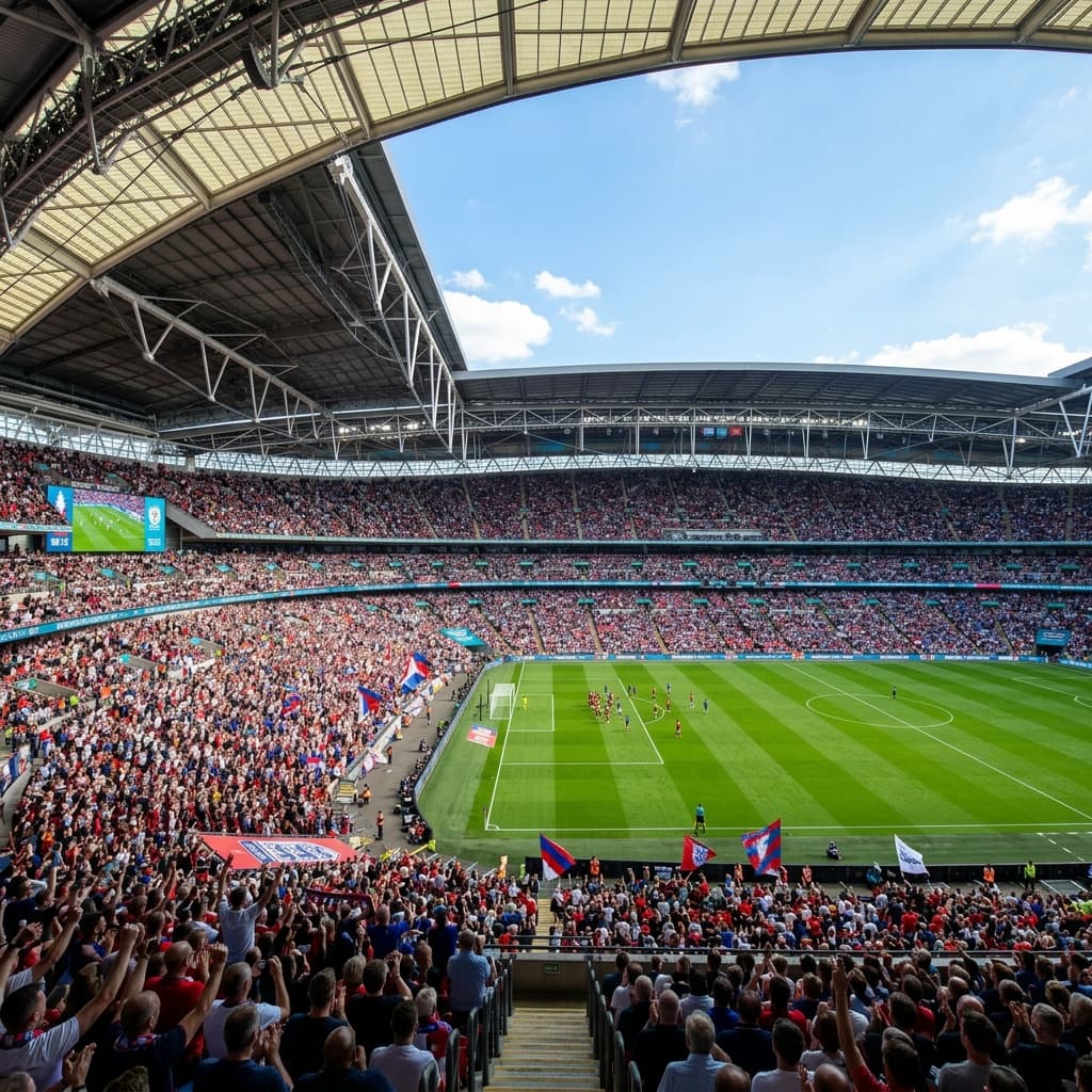 Wide angle view of a packed modern sports stadium showing different seating categories
