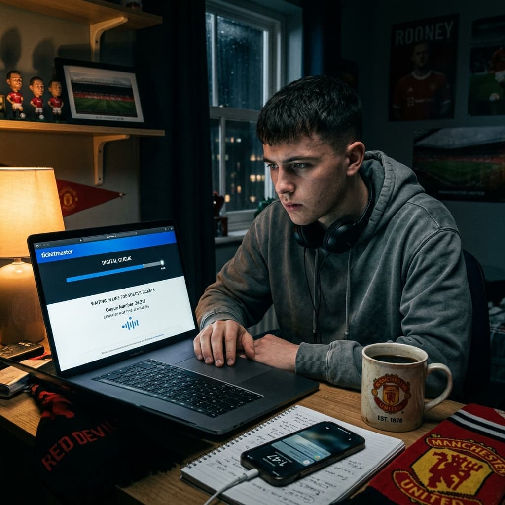Dedicated soccer fan waiting in a digital queue late at night for World Cup tickets