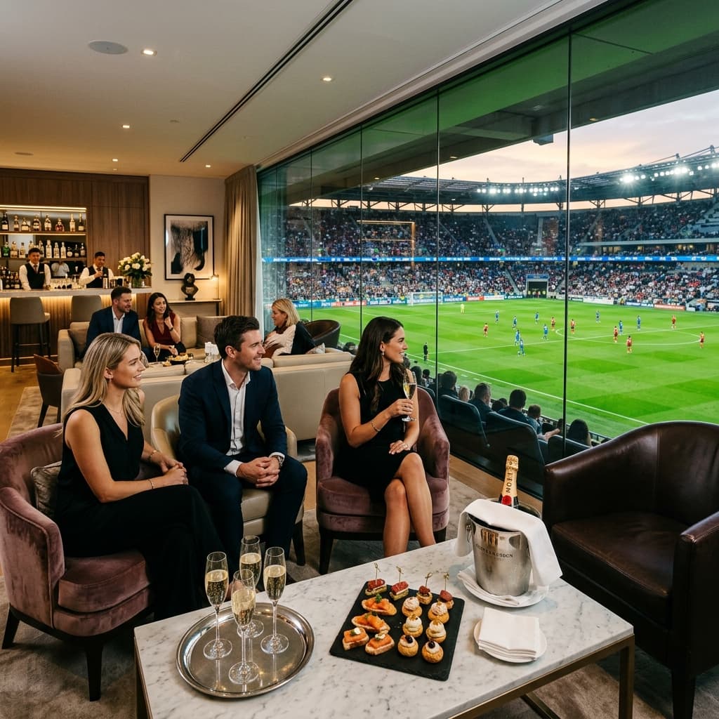 Luxurious VIP hospitality suite with champagne and gourmet food overlooking the soccer pitch